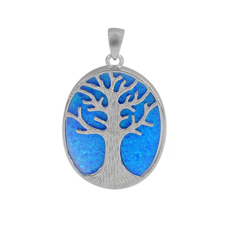 Blue Fire Opal Oval Pendant with Sterling Silver Tree of Life - Click Image to Close